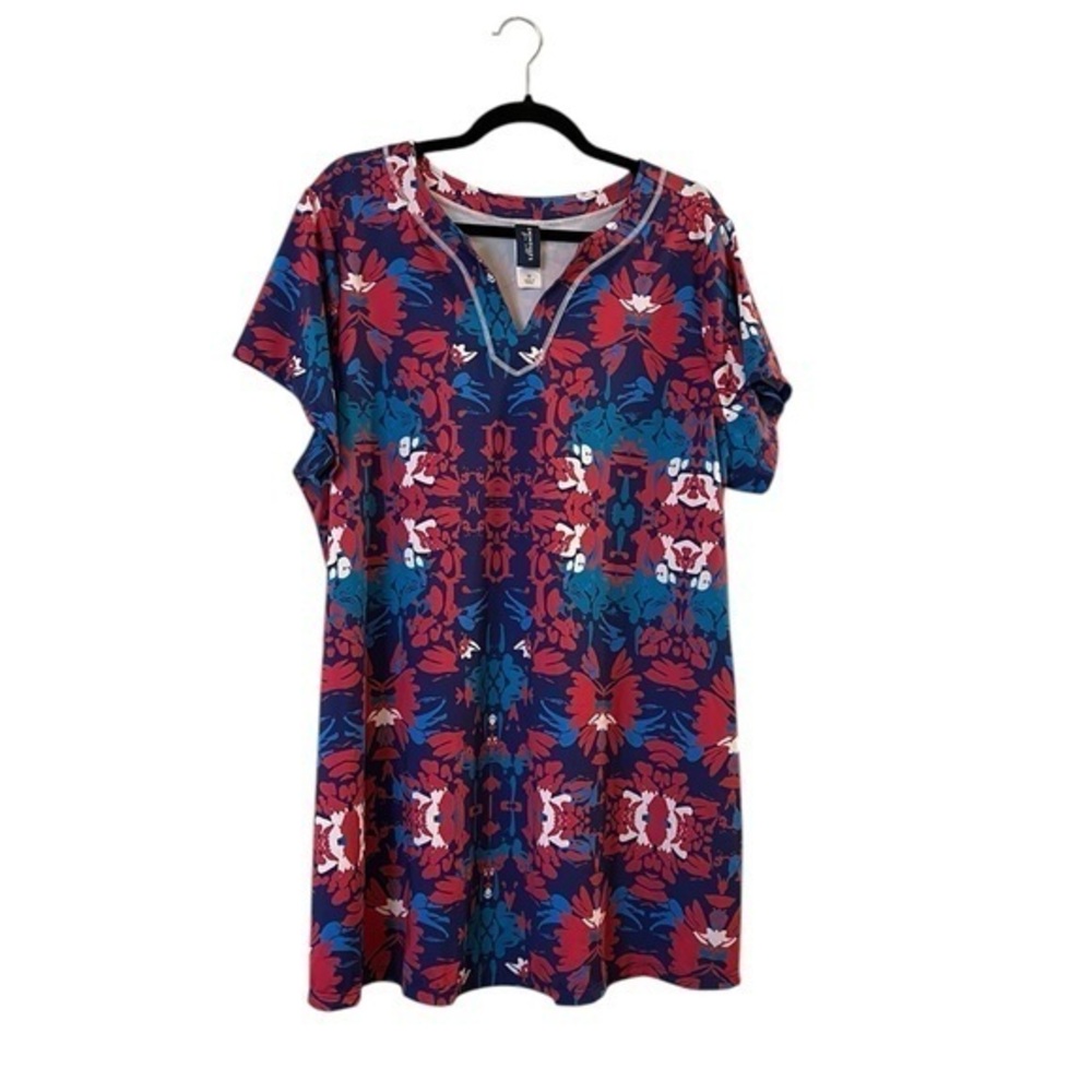 Swimsuits for All short sleeve cover-up pool beach dress, blue aqua & red, 20